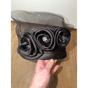 Womens Black Satin Roses Veiled Formal Occasion Hat church derby hat feminine
